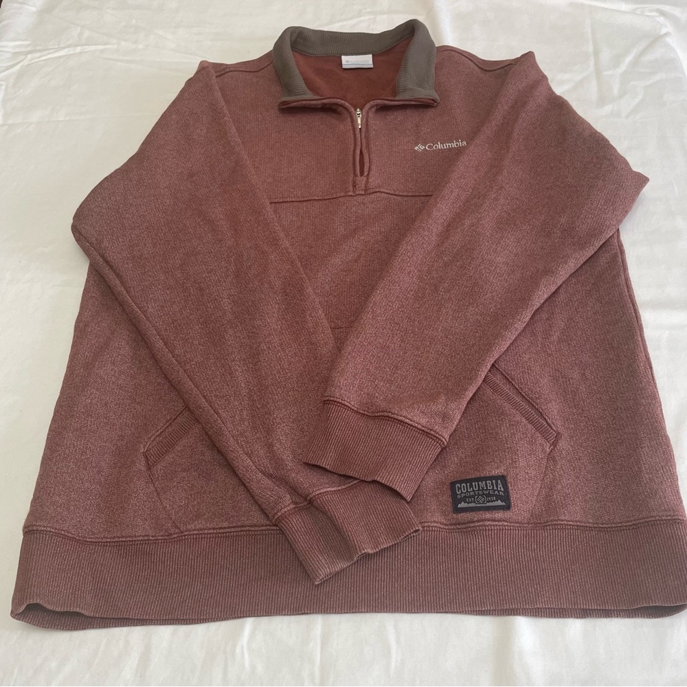 Columbia Men's Quarter Zip Sweater Pullover Brick Red Kangaroo Pocket Large - Picture 3 of 9